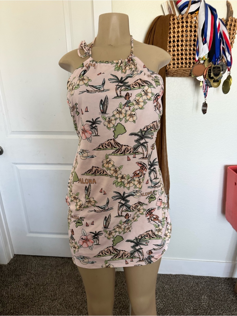 RESA Pink Tropical Halter Mini Dress